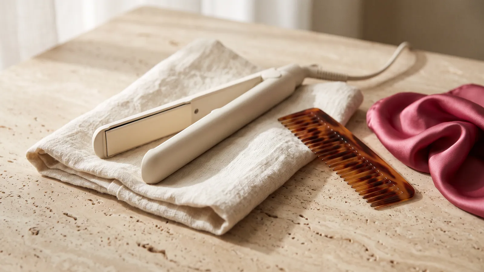 Peigne à dents larges, foulard en satin et lisseur fermé posés sur une serviette crème, avec une touche de rose framboise