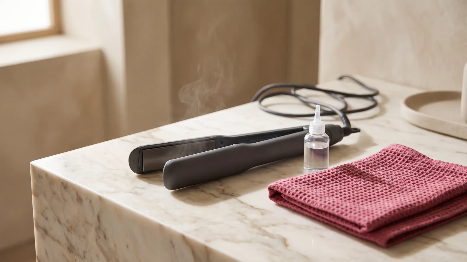 Lisseur vapeur posé ouvert sur un plan de toilette crème, à côté d'un petit flacon d'eau et d'une serviette pliée rose framboise