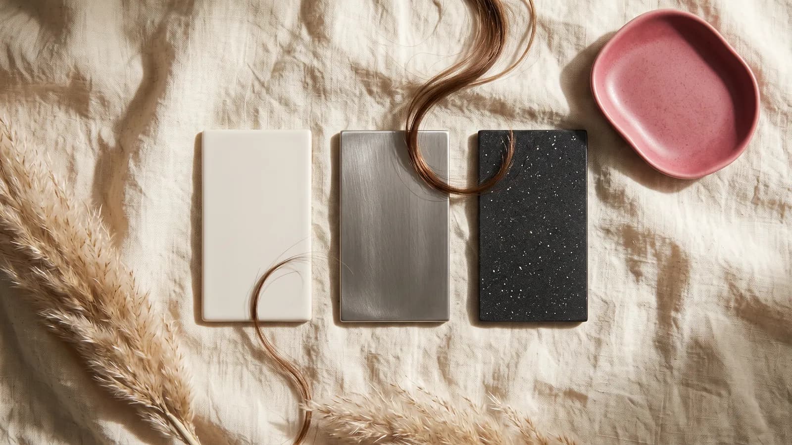 Trois échantillons de plaques de lisseur, céramique blanche, titane gris et tourmaline noire, posés sur un lin crème avec quelques mèches de cheveux