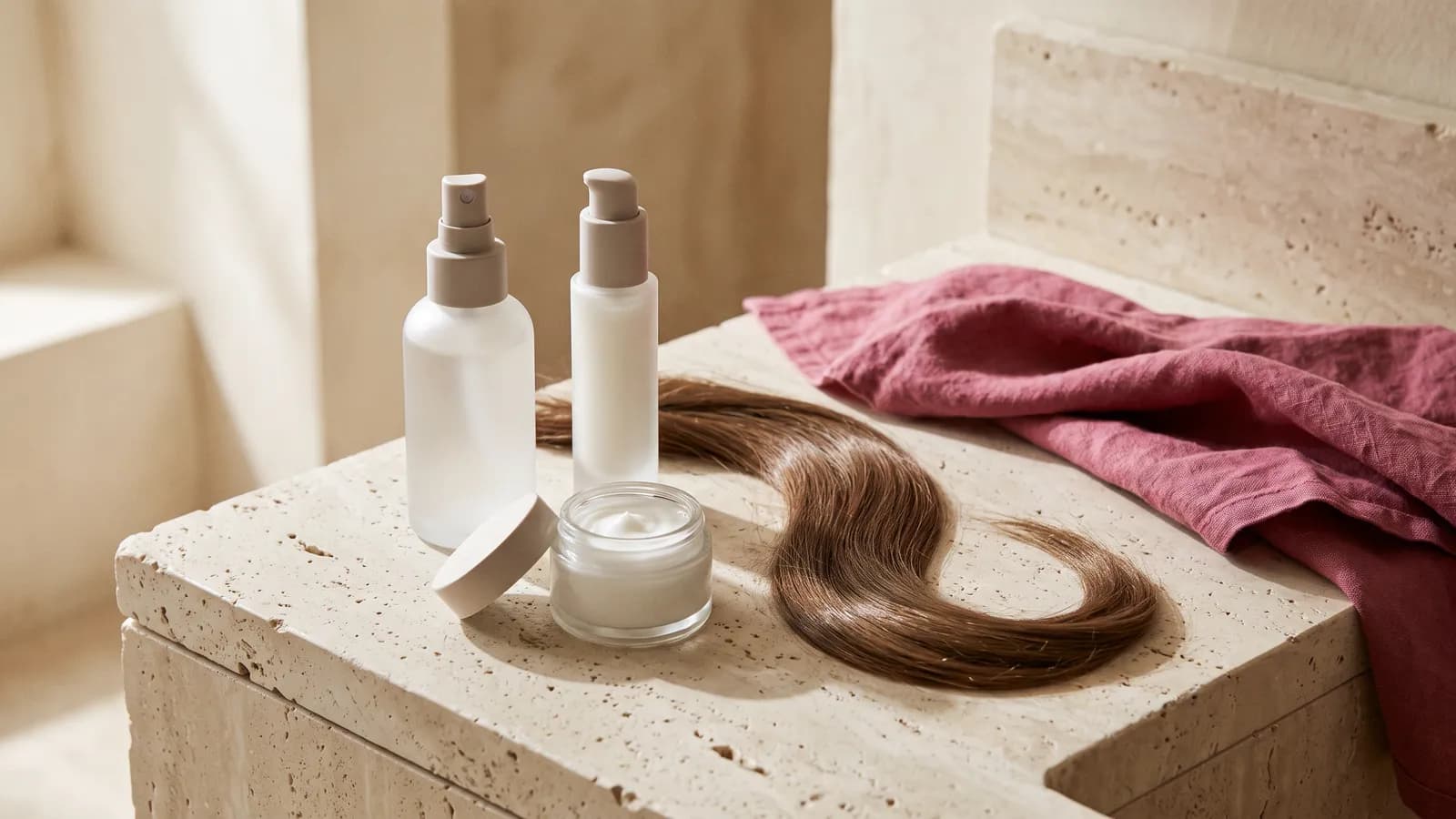 Un flacon spray, un flacon pompe de sérum et un petit pot de crème posés sur un plan de toilette crème, à côté d'une mèche de cheveux lisses et brillants