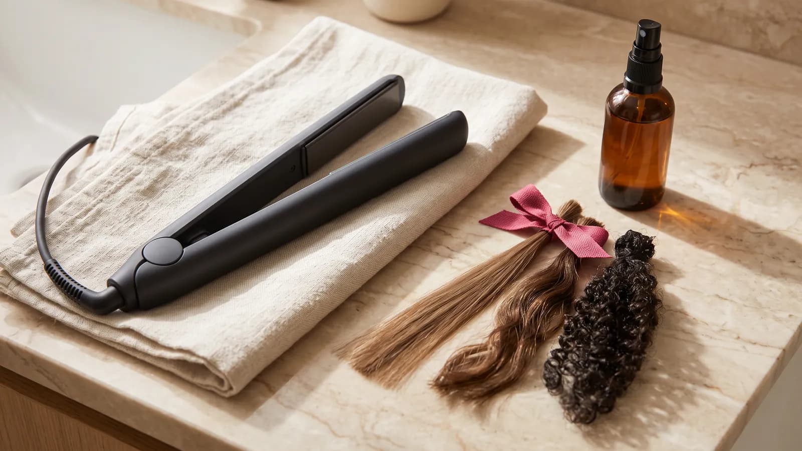 Lisseur à plaques refroidi posé sur une serviette crème, à côté d'un flacon de soin thermoprotecteur et de mèches de cheveux de textures différentes