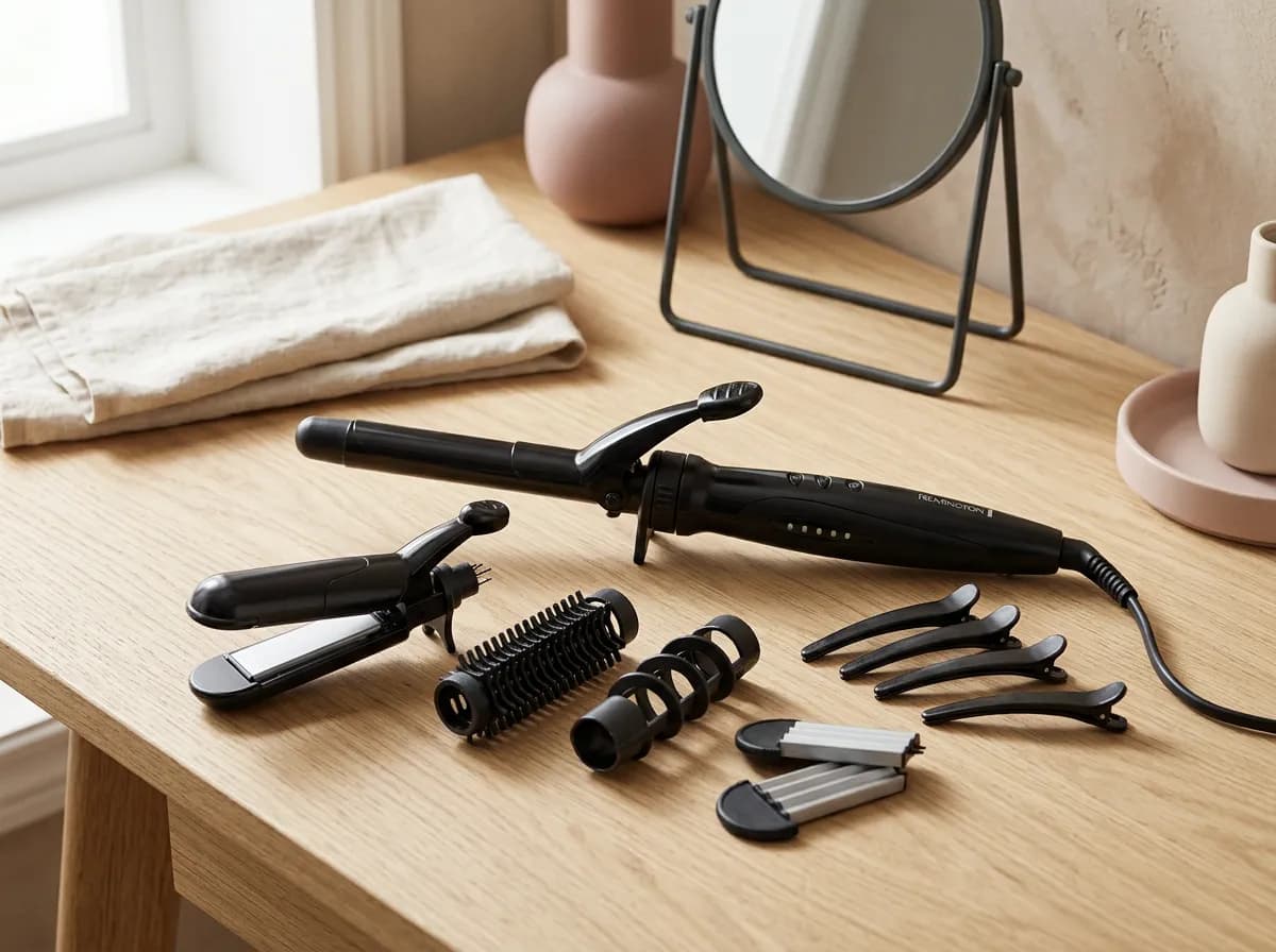 Le multistyler Remington S8670 et ses embouts disposés sur une coiffeuse en bois clair
