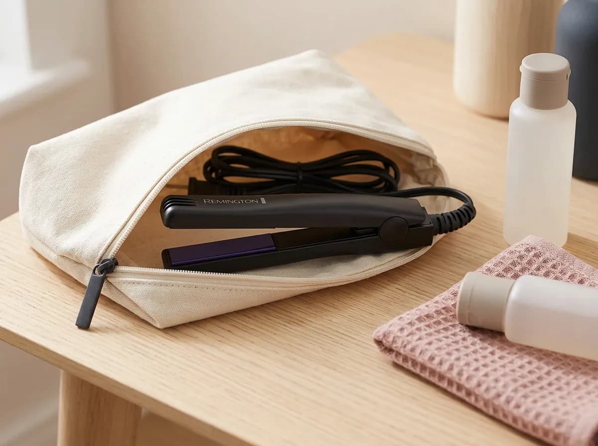 Le mini lisseur Remington On The Go rangé dans une trousse de voyage en toile écrue