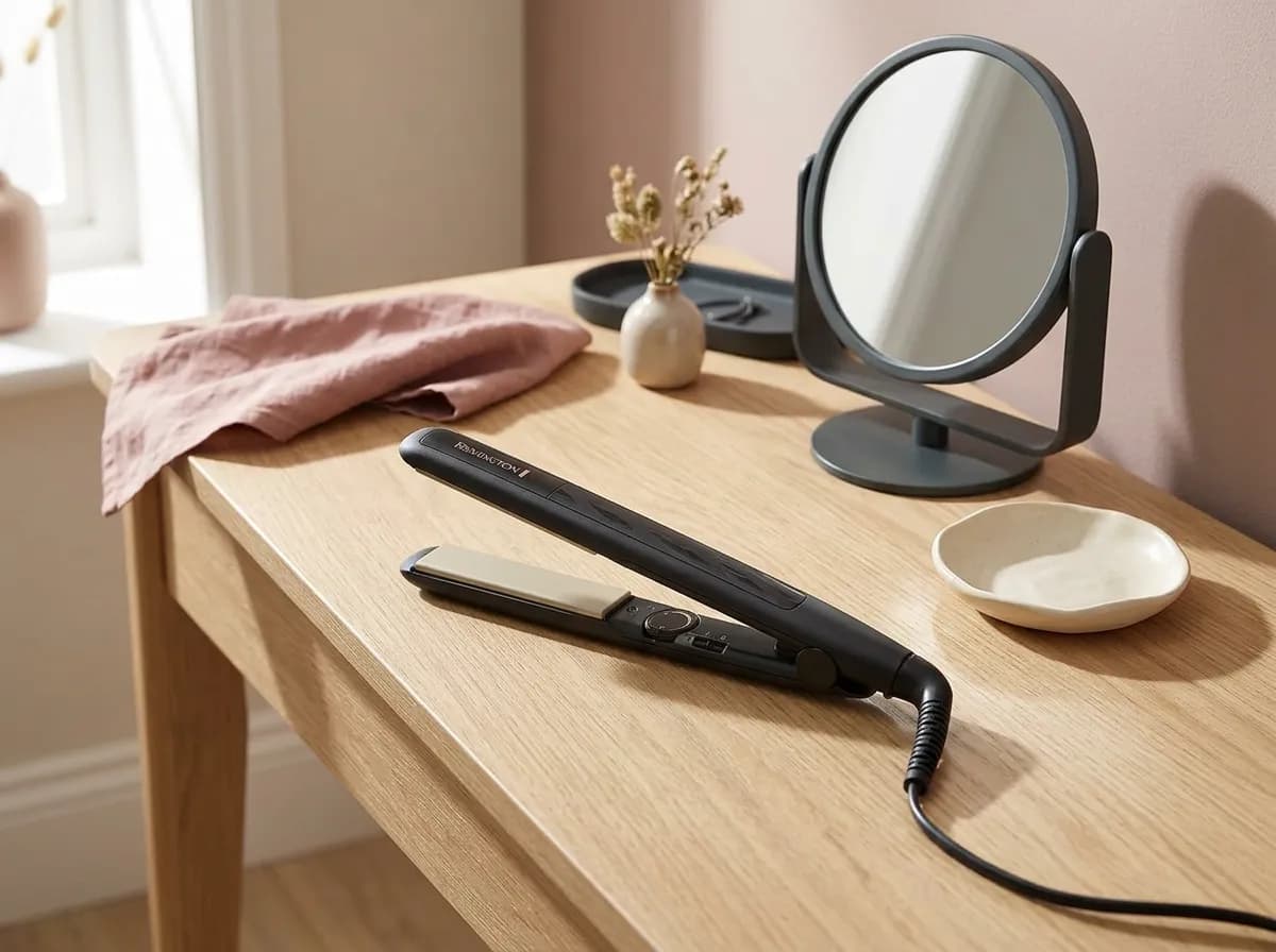Le lisseur Remington Ceramic Straight 230 posé sur une coiffeuse en chêne clair