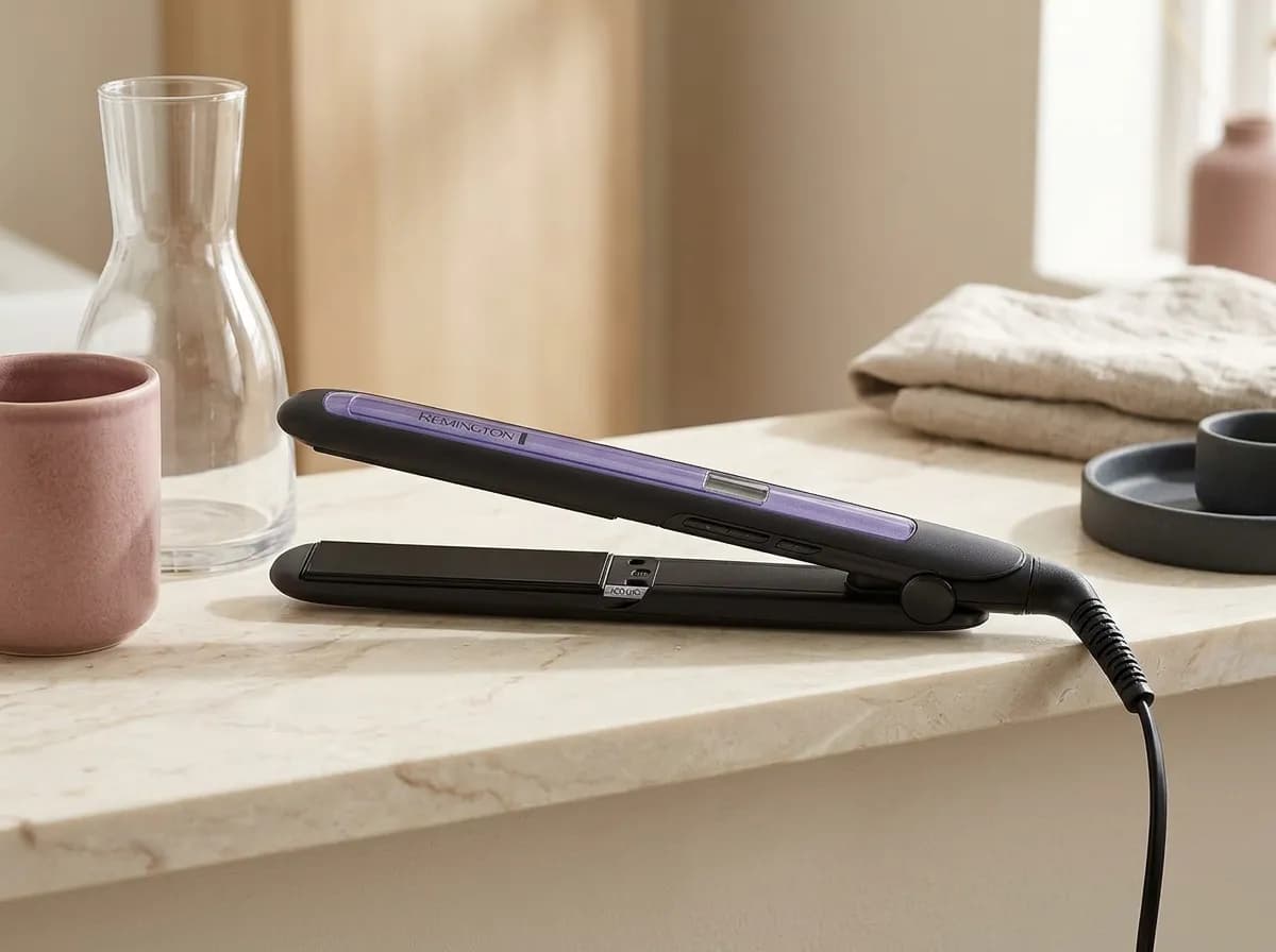 Le lisseur Remington Pro-Ion S7710 posé sur une étagère de salle de bain en marbre crème