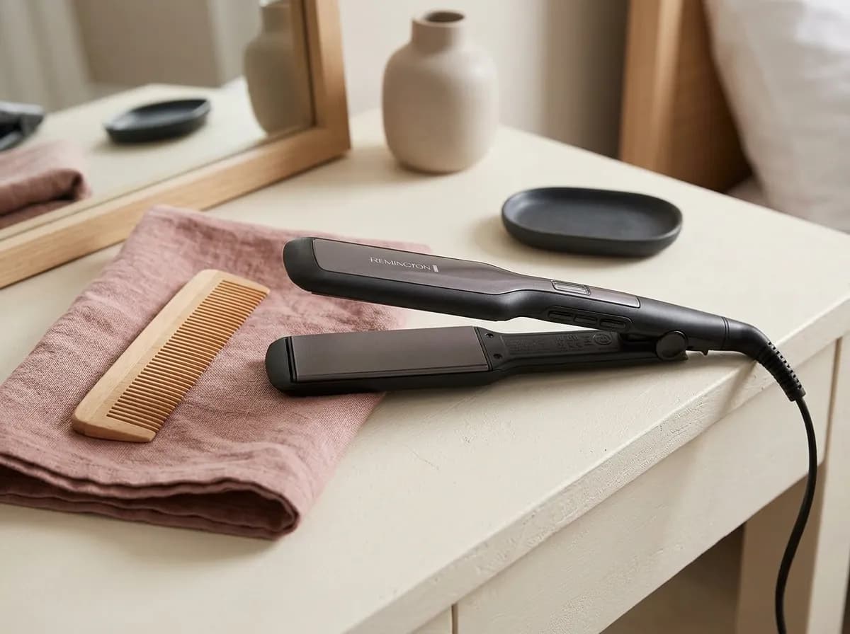 Le lisseur Remington Pro-Ceramic Extra posé sur une coiffeuse crème près d'une serviette rose poudré