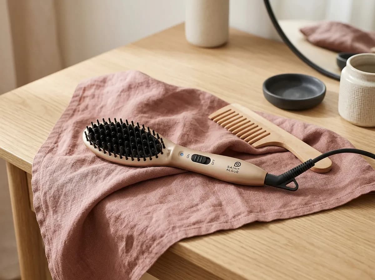 La brosse lissante Demeliss MiniPRO posée sur un linge rose poudré, à côté d'un peigne en bois
