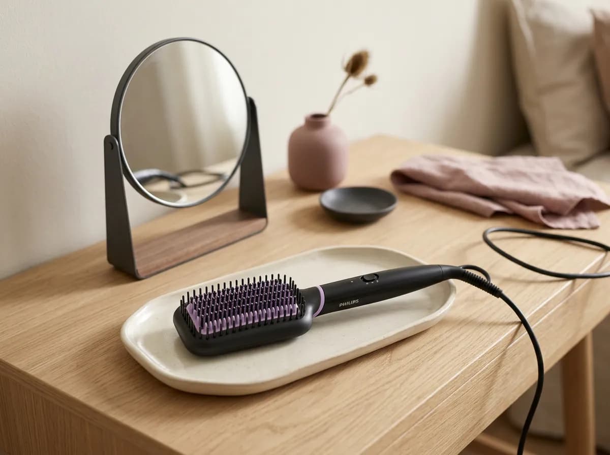 La brosse lissante Philips BHH880/00 posée sur un plateau en céramique crème sur une coiffeuse