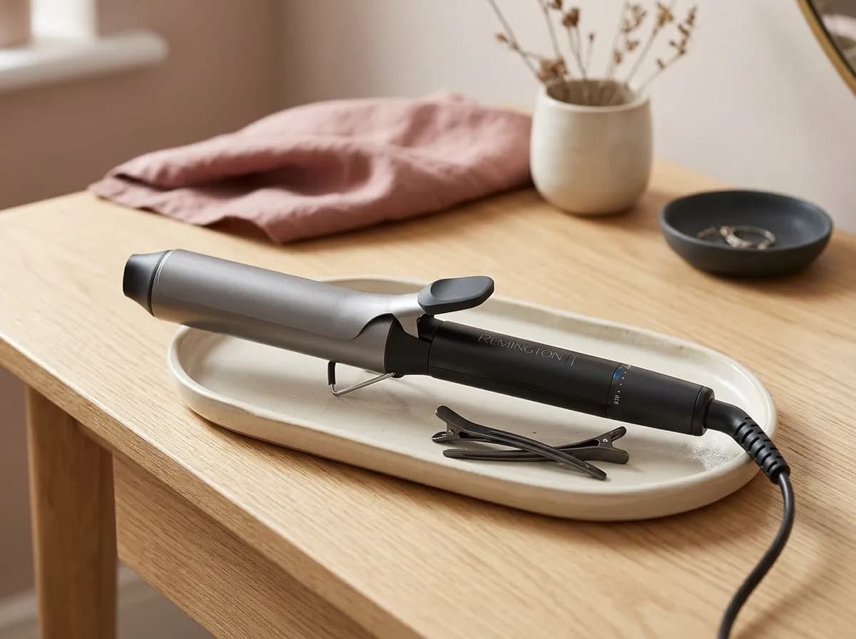 Le fer à boucler Remington Pro Big Curl posé sur un plateau en céramique crème sur une coiffeuse
