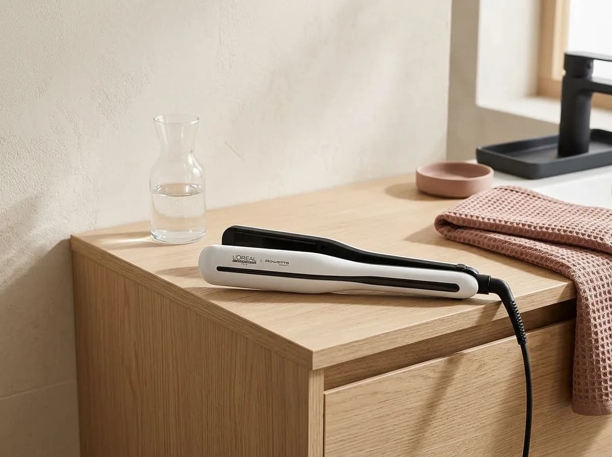 Le SteamPod 3 posé sur un meuble de salle de bain en bois clair près d'une carafe d'eau