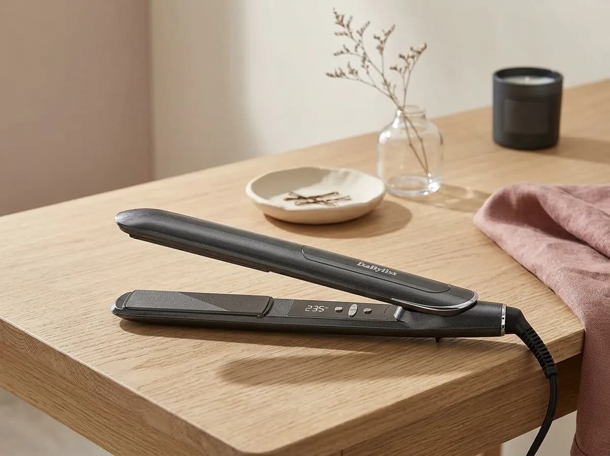 Le lisseur BaByliss Platinum Diamond 235 posé sur une coiffeuse en chêne clair