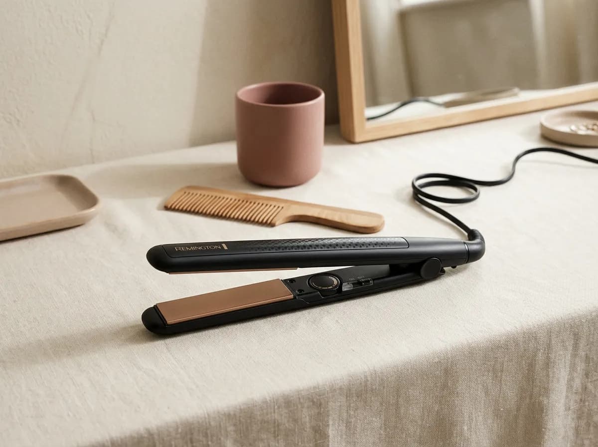 Le lisseur Remington S6308 posé sur une coiffeuse nappée de lin crème