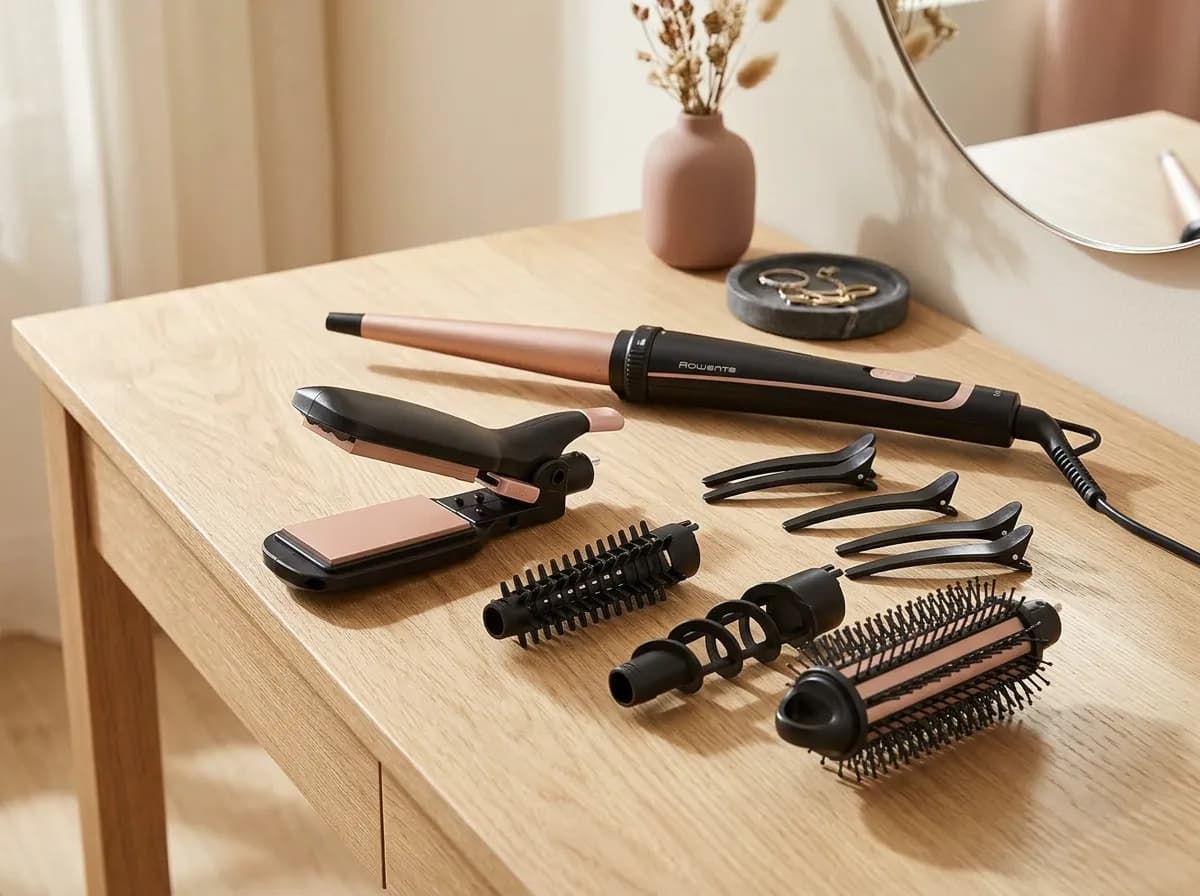 Le coffret Rowenta 14-en-1 et ses embouts disposés sur une coiffeuse en chêne clair