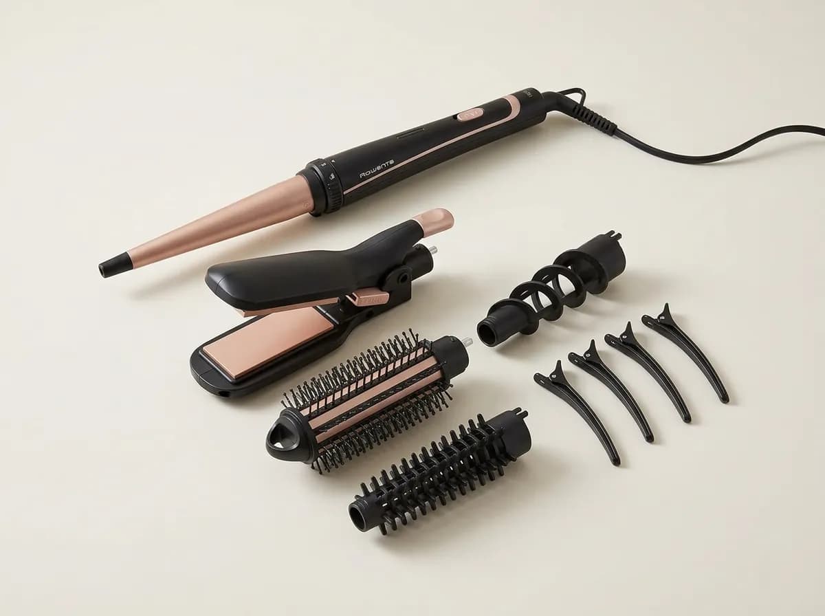 Coffret Rowenta 14-en-1 Infinite Looks CF4231F0, noir et or rose, avec ses embouts et pinces