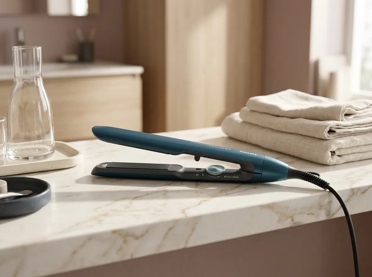 Le lisseur Philips BHS732/00 posé sur une étagère de salle de bain en marbre crème