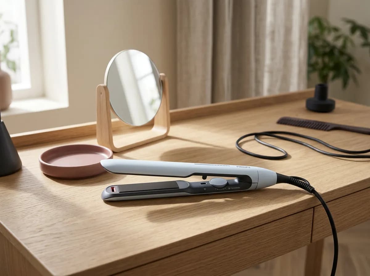 Le lisseur Philips BHS520/00 posé sur une coiffeuse en chêne clair près d'un petit miroir