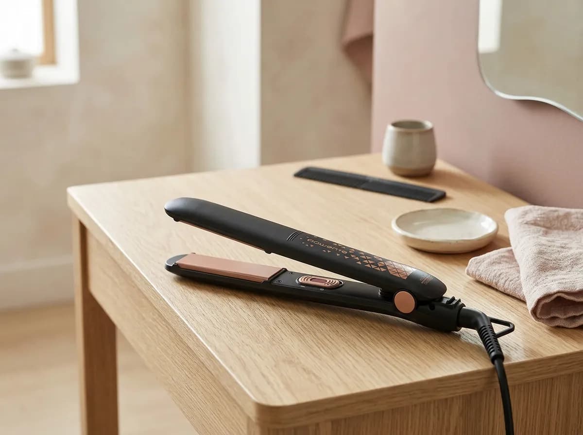 Le lisseur Rowenta Easyliss Copper Forever posé sur une coiffeuse en chêne clair