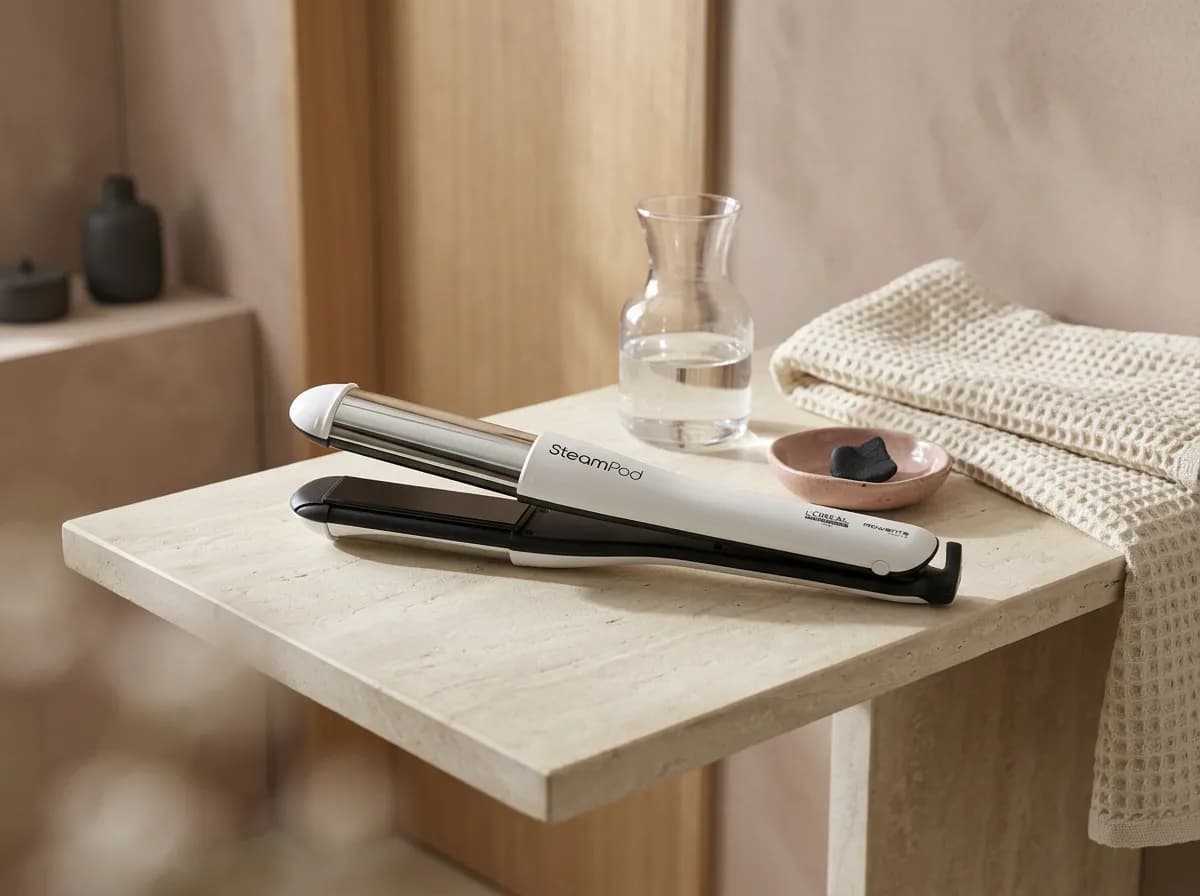 Le SteamPod 4 posé sur une étagère de salle de bain en pierre crème près d'une carafe d'eau
