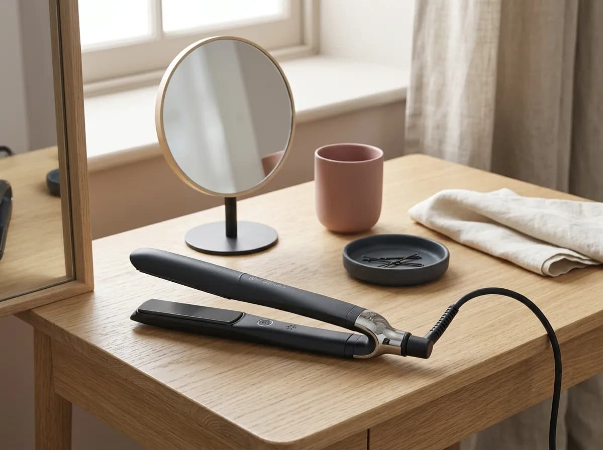 Le lisseur ghd Platinum+ posé sur une coiffeuse en chêne clair près d'un miroir rond