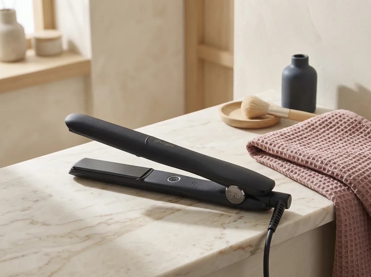 Le lisseur ghd Gold posé sur une étagère en marbre crème à côté d'une serviette rose poudré