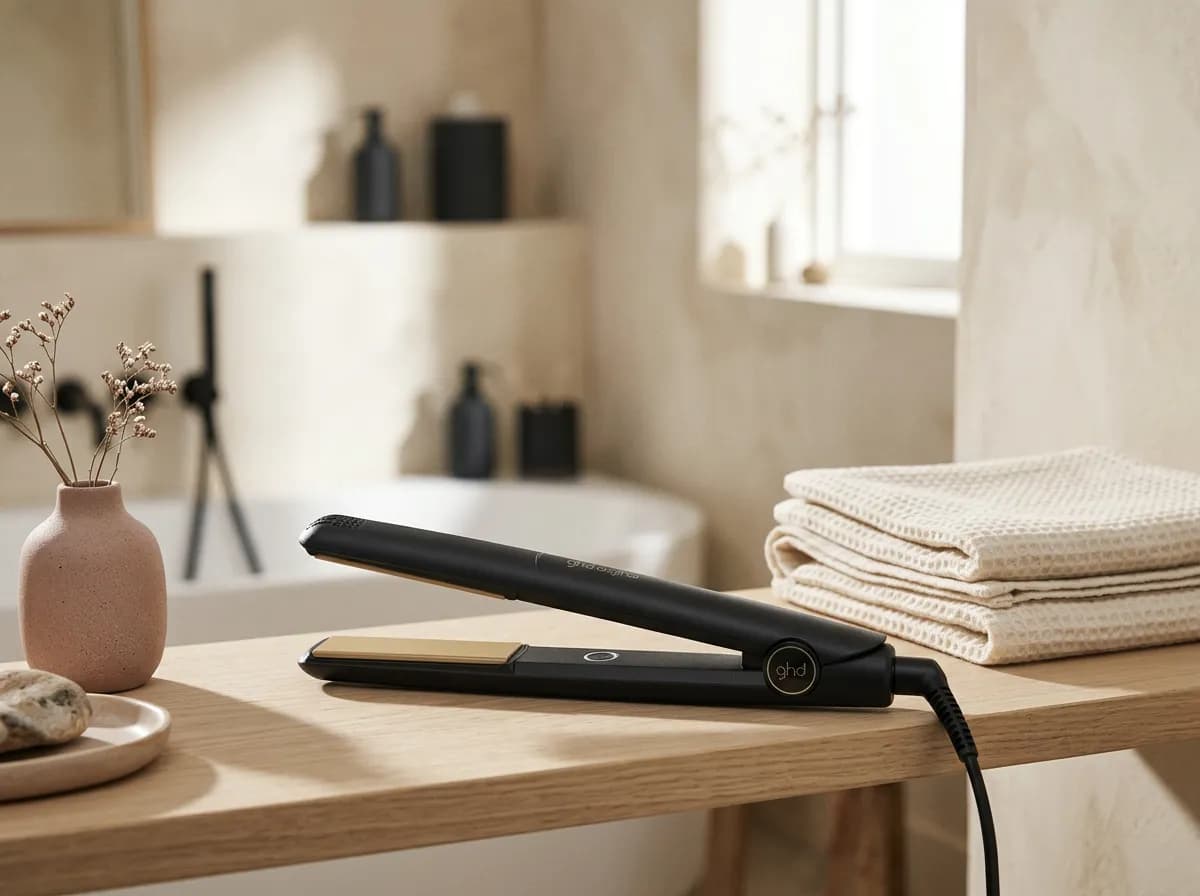 Le lisseur ghd Original posé sur une étagère en bois clair à côté de serviettes crème