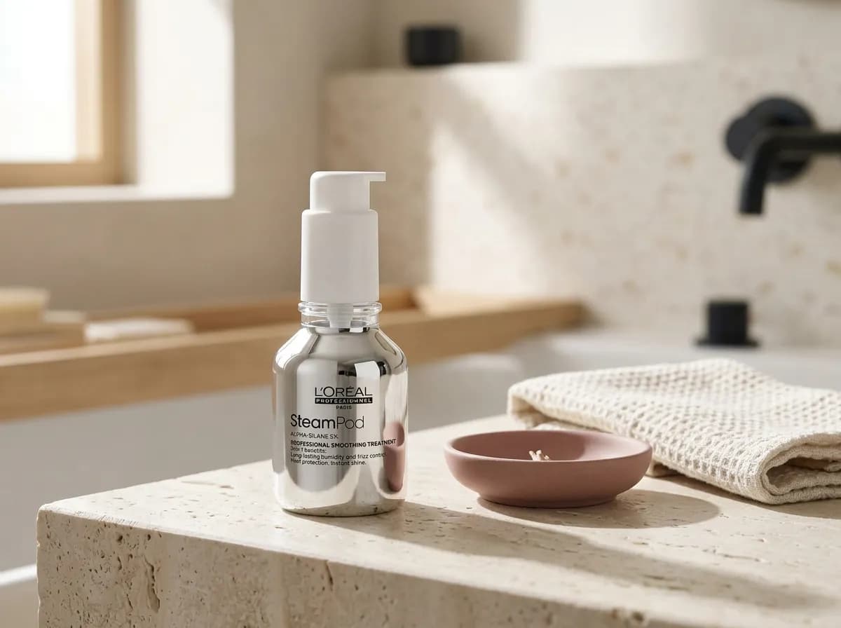 Le flacon de sérum SteamPod posé sur un plan de toilette en pierre crème