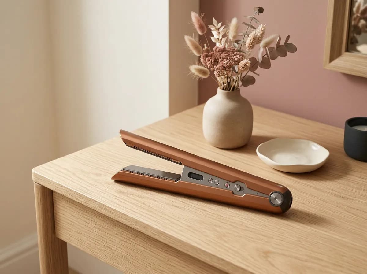 Le lisseur sans fil Dyson Corrale posé sur une coiffeuse en chêne clair