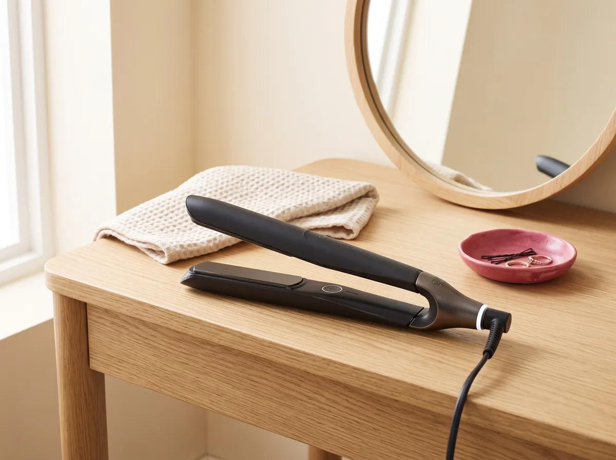 Le lisseur ghd Chronos posé sur une coiffeuse en chêne clair près d’un miroir rond