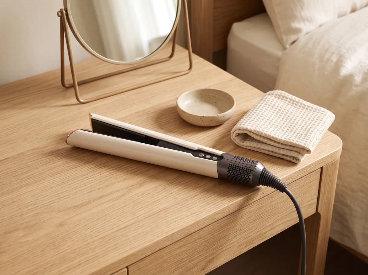 Le lisseur séchant Dyson Airstrait posé sur une coiffeuse en chêne clair près d’un miroir rond