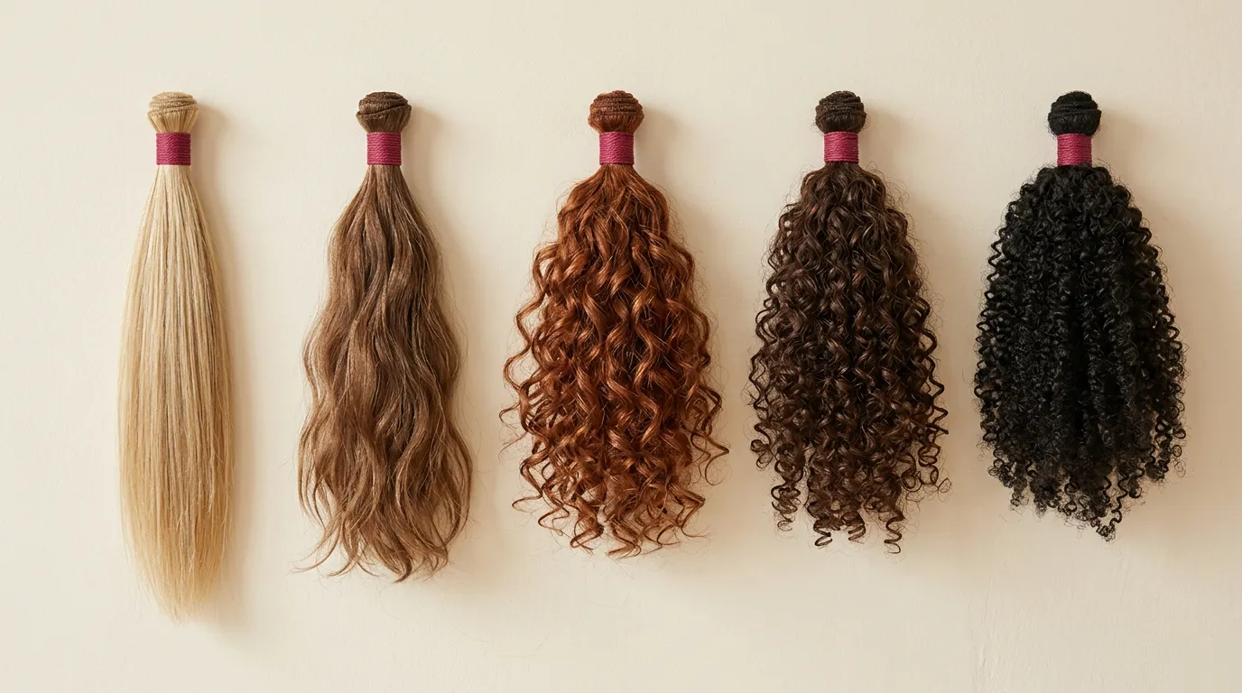 Cinq mèches de cheveux de textures différentes, du blond lisse au noir crépu, suspendues sur un mur crème
