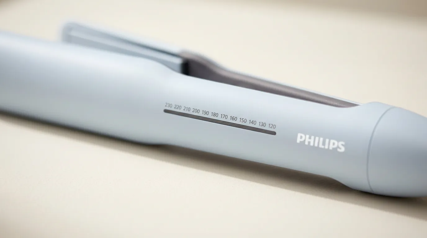 Gros plan sur l'échelle de température imprimée sur le boîtier du lisseur Philips série 5000