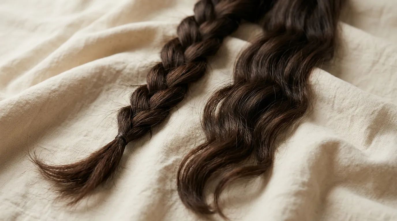 Une tresse et une mèche ondulée de cheveux bruns posées sur un tissu crème