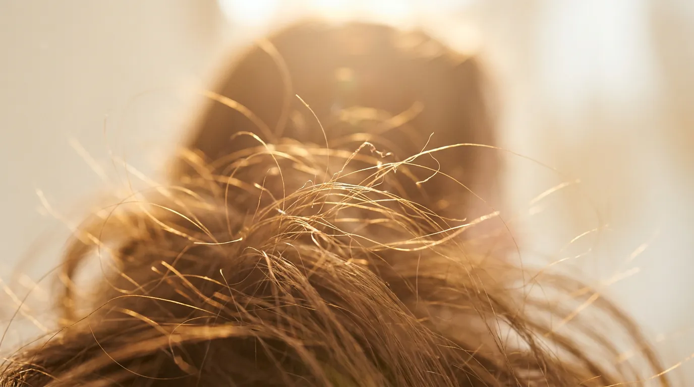 Cheveux fins châtains et frisottis en contre-jour