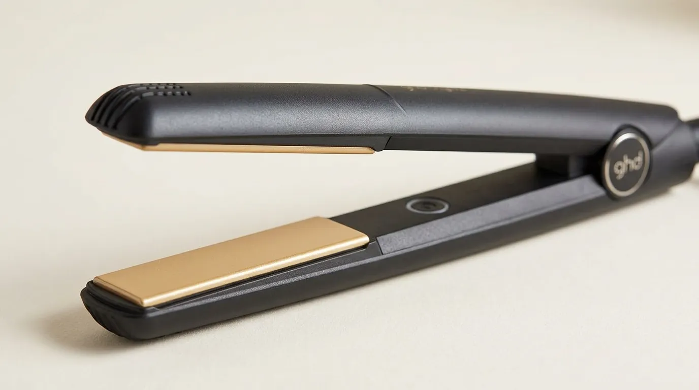 Gros plan sur les plaques et le logo du lisseur ghd Original