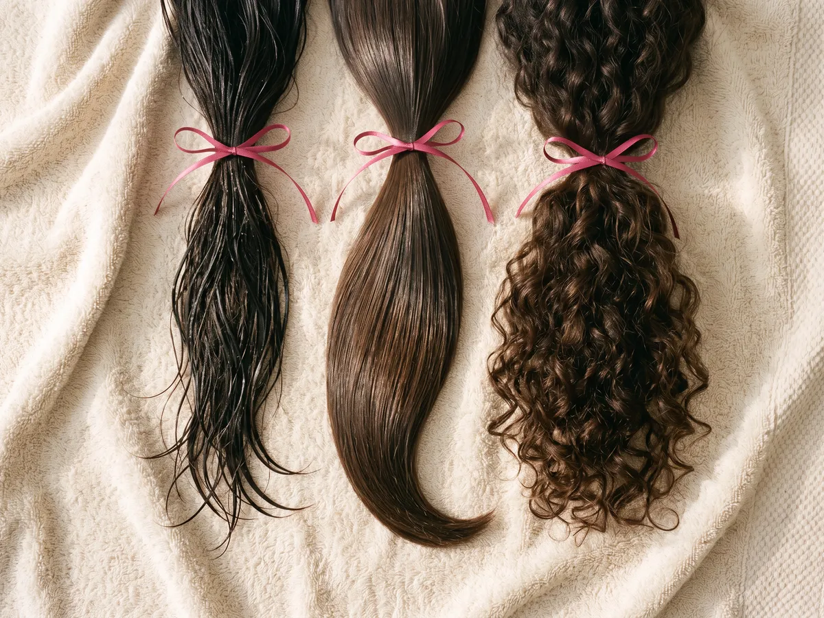 Trois mèches de cheveux de textures différentes, mouillée, lisse et bouclée, posées sur une serviette crème et nouées de rubans rose framboise