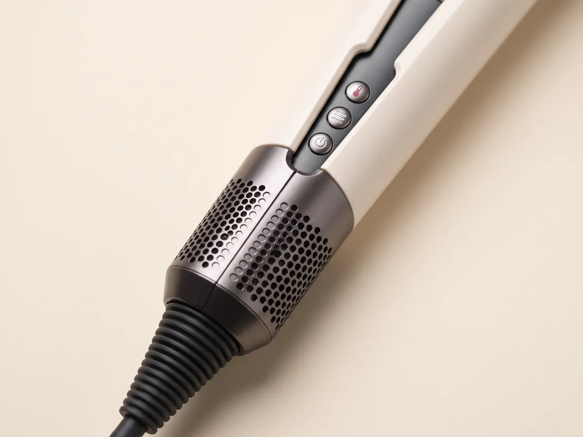 Gros plan sur les trois boutons de commande et l'entrée d'air perforée du Dyson Airstrait