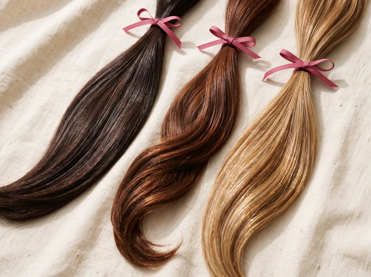 Trois mèches de cheveux longs, brune, châtain ondulée et blonde, nouées d'un ruban rose