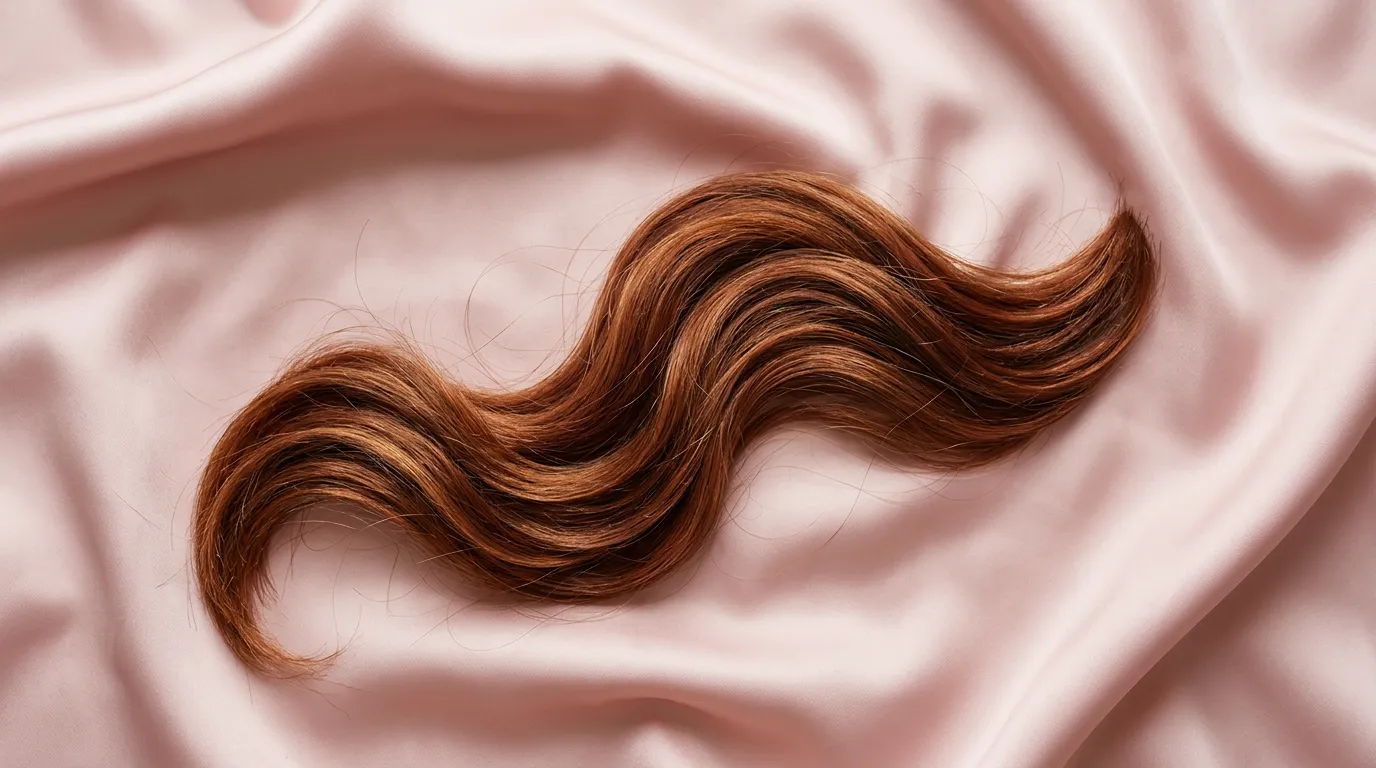 Mèche de cheveux auburn ondulés posée sur une soie rose poudré