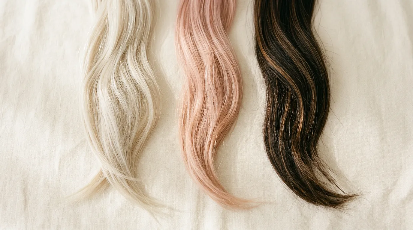 Trois mèches de cheveux colorés : blond platine, blond rosé et brun méché