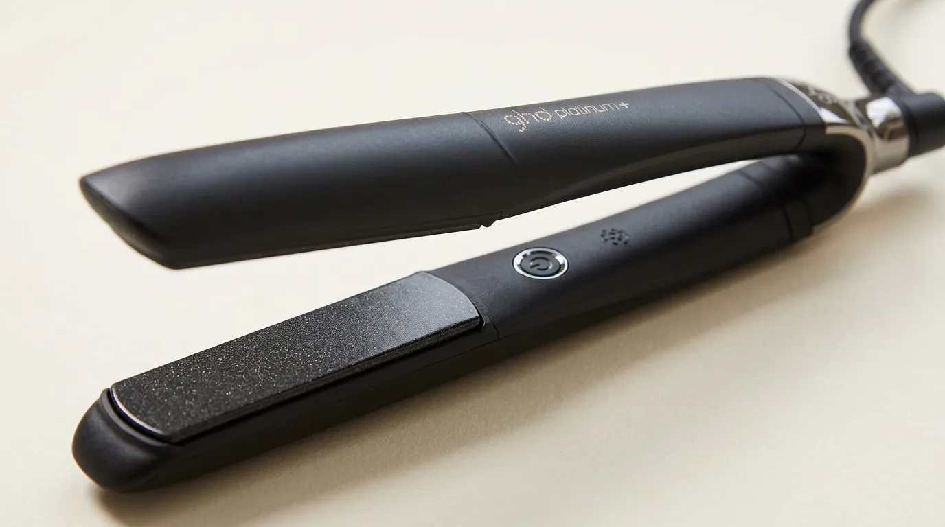 Gros plan sur les plaques et le bouton du lisseur ghd Platinum+