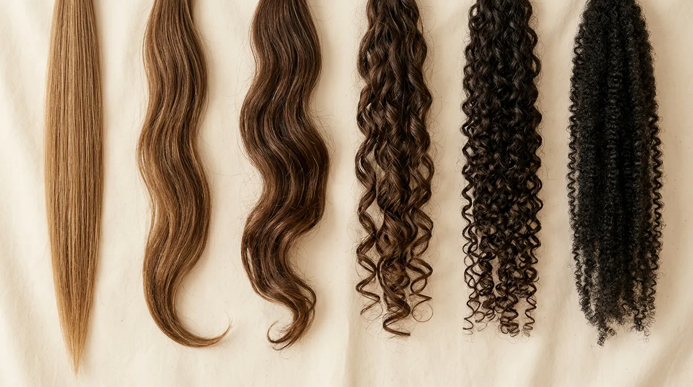 Six mèches de cheveux alignées, du lisse au crépu