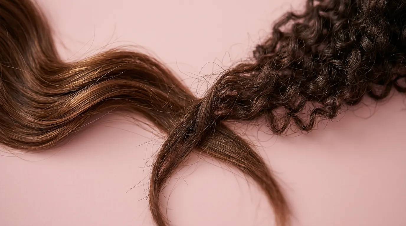 Deux mèches qui se croisent, l'une châtain ondulée, l'autre brune bouclée, sur fond rose