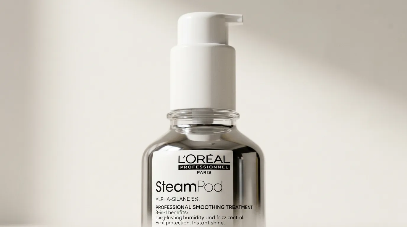 Gros plan sur la pompe et l'étiquette du flacon de sérum Steampod
