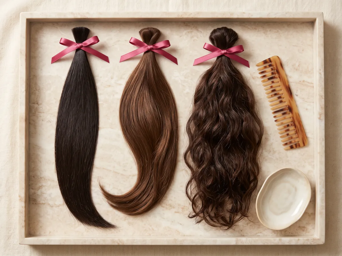 Trois mèches de cheveux sur un plateau en marbre beige : une très raide, une lisse avec du mouvement, une épaisse et ondulée, nouées de rubans rose framboise