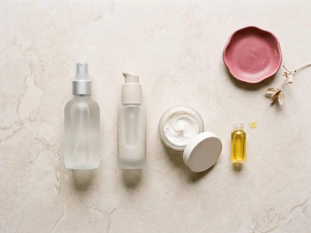 Un flacon spray, un flacon pompe, un pot de crème et une petite fiole d'huile alignés sur un plan en pierre crème