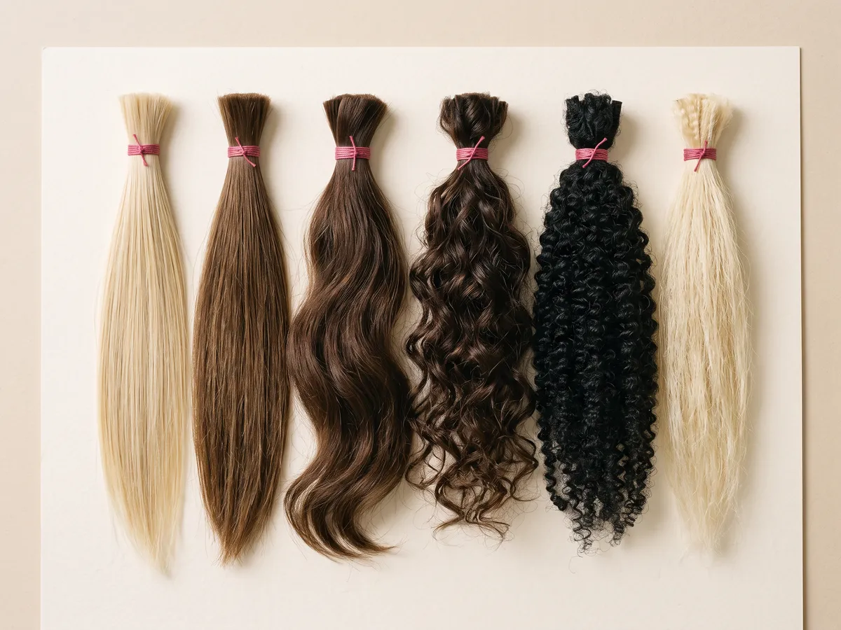 Mèches de cheveux de textures différentes, des plus fines aux plus crépues, alignées sur un fond beige